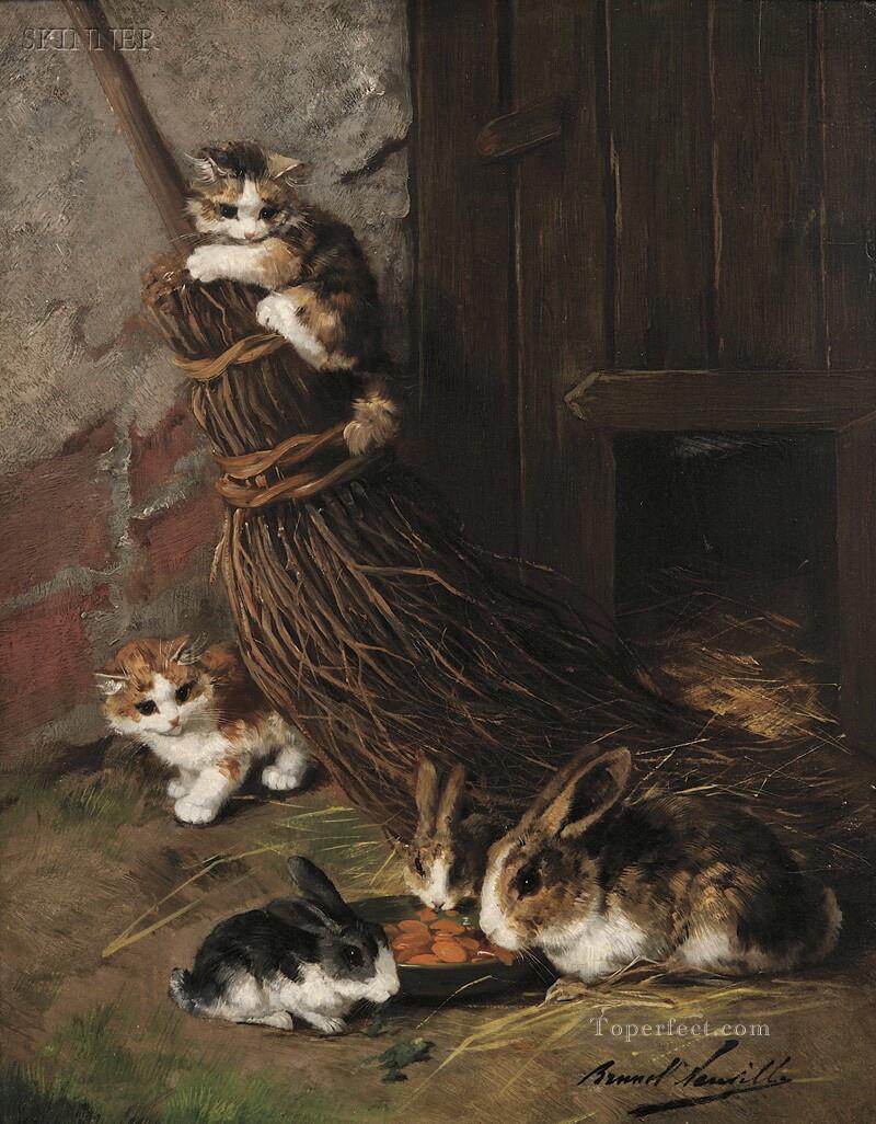 Kittens at Play with Rabbits at Feed Alfred Brunel de Neuville Oil Paintings
